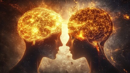 Fiery minds connect, cosmic background, mental fusion, relationship concept, ideal for psychology