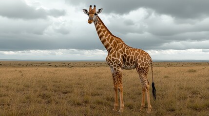 Obraz premium Majestic Giraffe Standing in an Expansive Grassland under Clouds