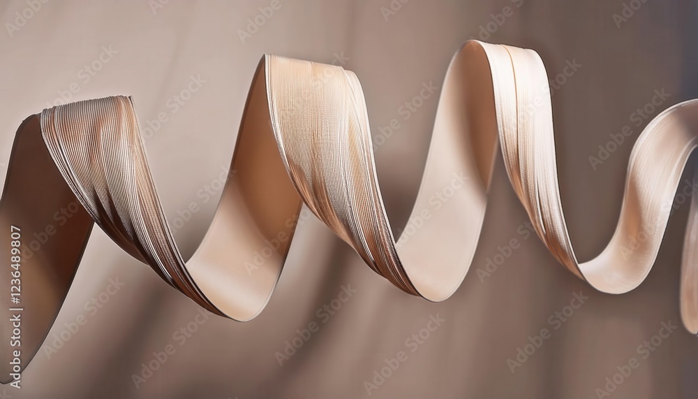 Poster delicate twisted fabric ribbon with soft metallic sheen against beige background, creative graphic design element for modern minimalistic compositions
