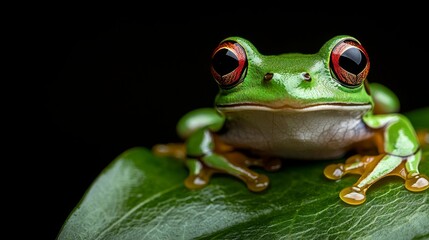  a red-eyed tree frog sitting atop a green leaf against a black background The frog is a vibrant green color, and its eyes are wide open, giving it a curious and in