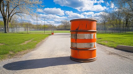 Obraz premium Orange construction barrel sitting blocking a entrance being closed to have no entry onto the sports fields on a sunny day in springtime