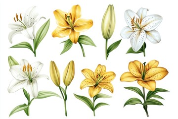 Beautiful Collection of Hand-Drawn Lilies in Various Colors and Stages of Blooming