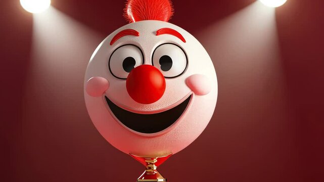 Rewarded 3D emoji clown face with a red nose, white eyes, standing under spotlights with a trophy