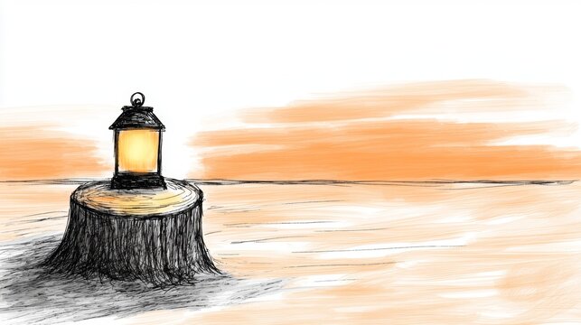  a lighthouse perched atop a tree stump in the middle of the ocean, illuminated by the warm light of the setting sun The sky is painted in a beautiful array of oran