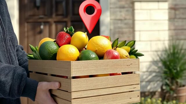 A person holds a wooden crate filled with fresh fruits outside a house, showcasing the convenience of local delivery services for healthy eating.