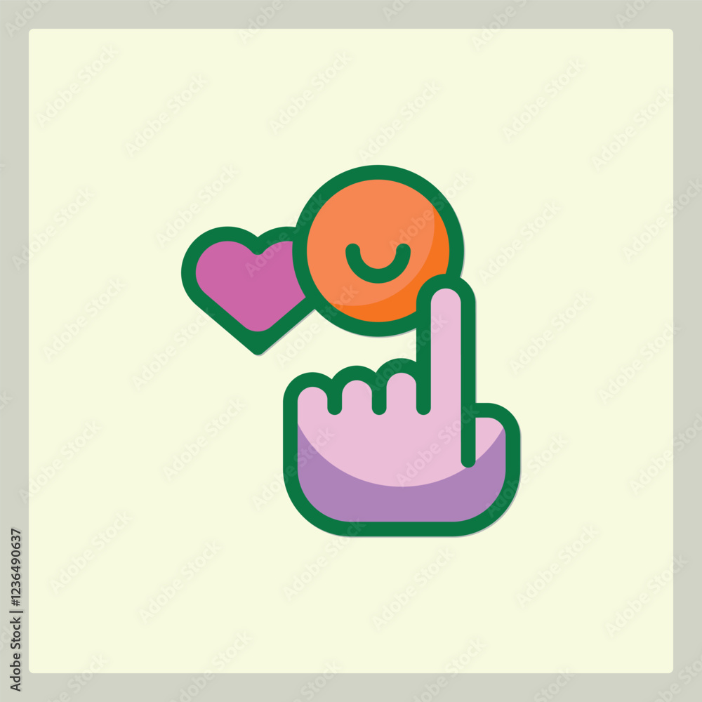 Poster icon of a hand touching a happy face with a heart beside it symbolizing interaction