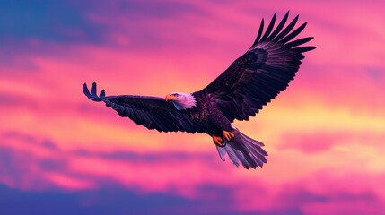 Fototapeta premium Majestic Eagle Soaring Against Vibrant Sunset Sky Colors