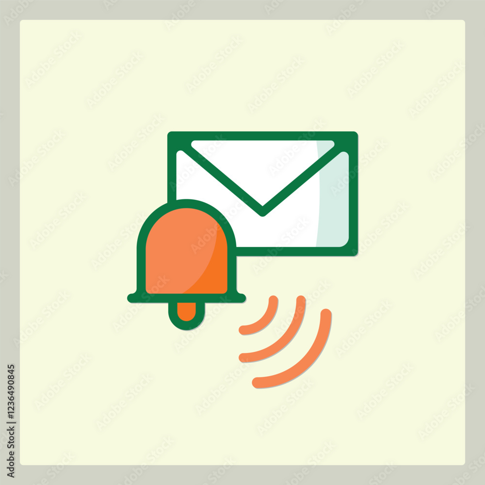 Poster email notification icon with a bell, indicates new messages and alerts on a beige background