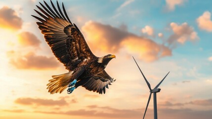 Fototapeta premium Majestic Eagle in Flight Against Wind Turbine and Sunset Sky