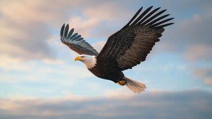 Obraz premium Majestic Bald Eagle in Flight Against a Soft Cloudy Sky