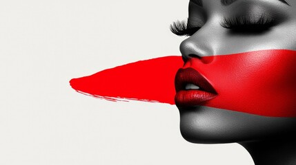 Obraz premium a woman with her face painted in the colors of the Netherlands flag - red, white and black - against a white background