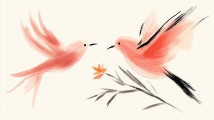 Fototapeta premium two pink birds flying in the air with a flower in their beak, against a white background The birds are painted in a watercolor style, giving the painting a soft an