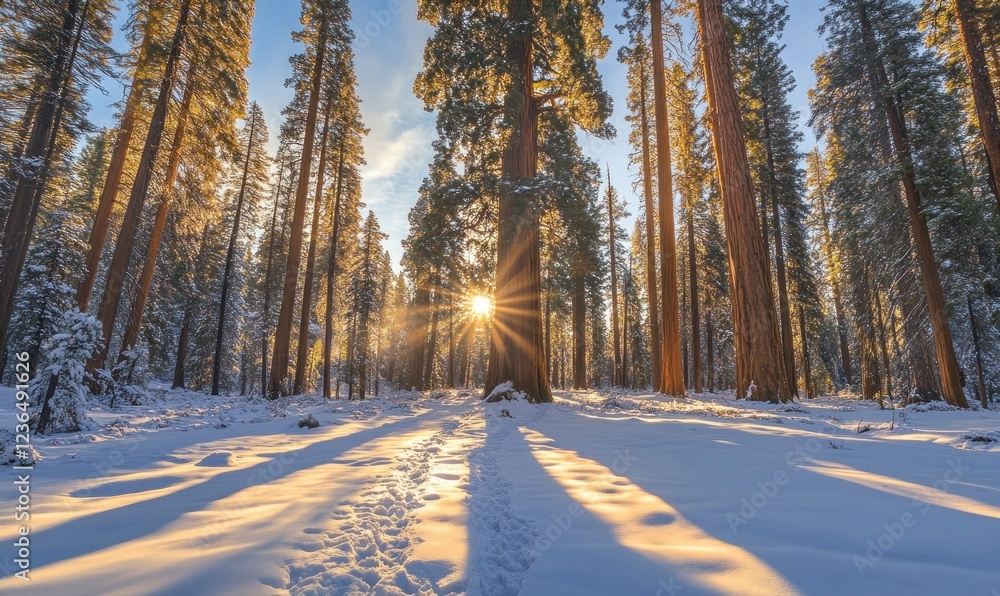 Poster the sun shines through the tall trees in winter, illuminating snow-covered paths and creating an enc