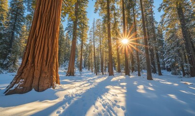 Naklejka premium The sun shines through the tall trees in winter, illuminating snow-covered paths and creating an enchanting atmosphere. 