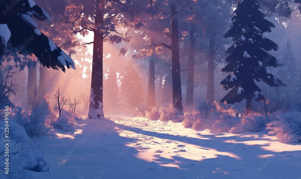 Poster the sun shines through the tall trees in winter, illuminating snow-covered paths and creating an enc