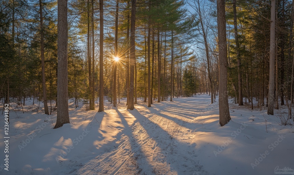 Poster the sun shines through the tall trees in winter, illuminating snow-covered paths and creating an enc