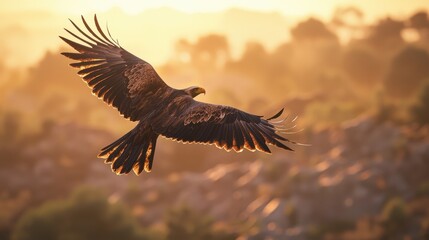 Obraz premium Majestic Eagle Soaring Through Golden Sunset Sky Over Landscape