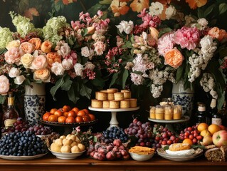 A vibrant display of assorted fruits and floral arrangements on a wooden table, showcasing abundance
