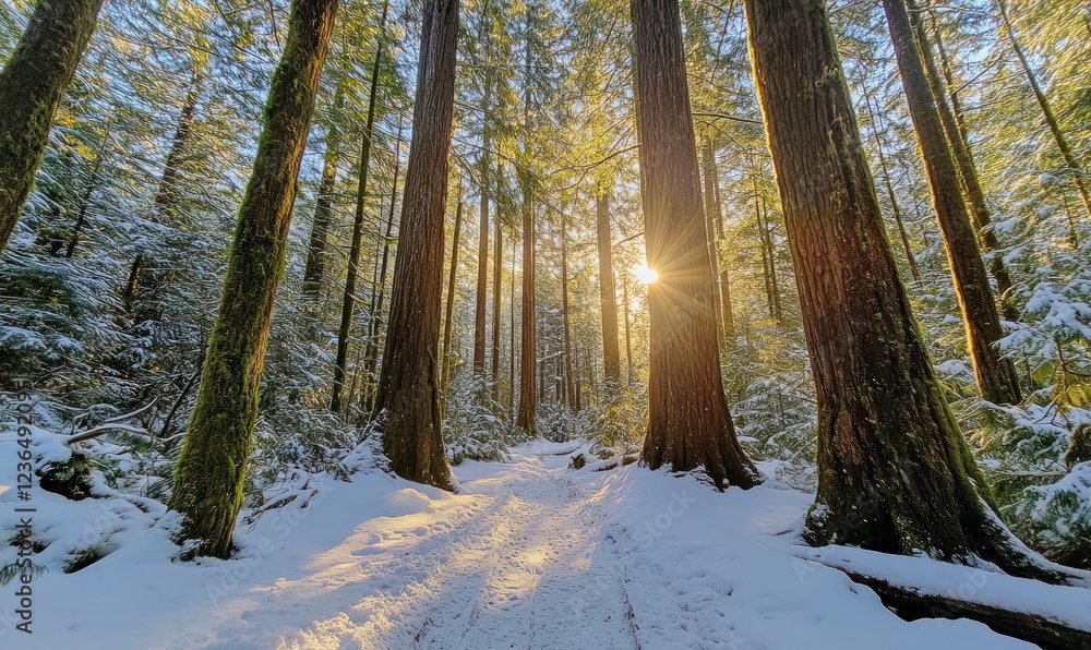 Poster the sun shines through the tall trees in winter, illuminating snow-covered paths and creating an enc