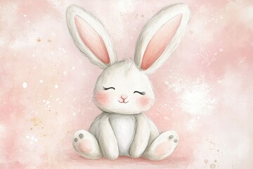 Fototapeta premium Cute Cartoon Bunny Sitting on a Soft Pink Background with Adorable Features and Big Ears