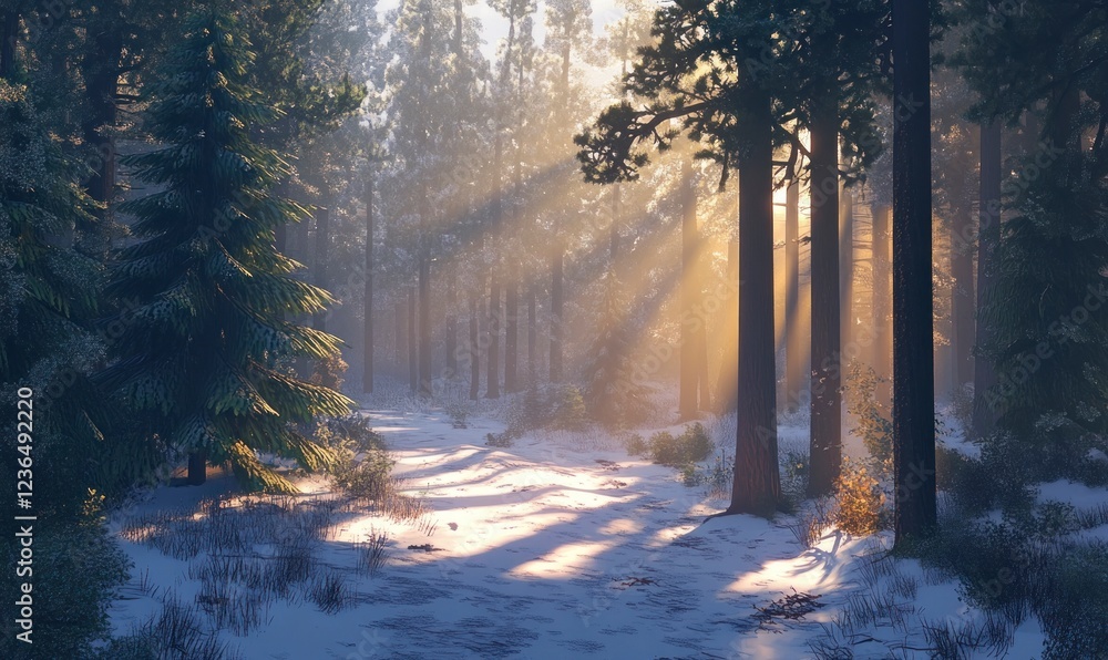 Poster the sun shines through the tall trees in winter, illuminating snow-covered paths and creating an enc