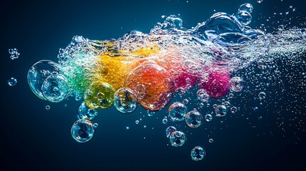 Obraz premium Colorful spheres submerged in water, creating vibrant bubbles and splashes.