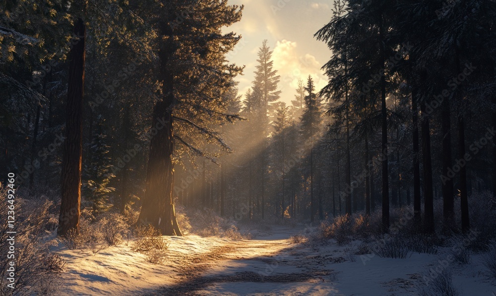Poster the sun shines through the tall trees in winter, illuminating snow-covered paths and creating an enc