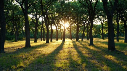Fototapeta premium Serene Sunlight Filtering Through Trees in Dense Forest Landscape