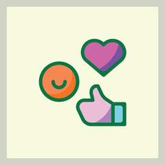 Icon design featuring a smiling face, heart, and thumbs-up for feedback concept