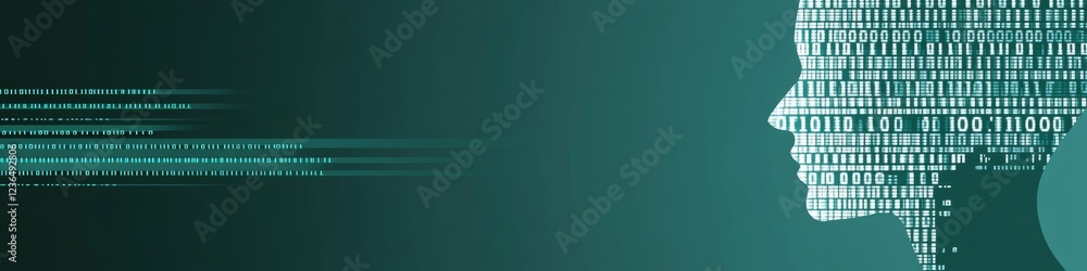 Poster abstract human head profile formed by flowing binary code data streams on blue background