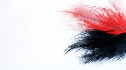 Fototapeta premium a red and black feather on a white background, creating a striking contrast between the two colors The feather is the focal point of the image, with its vibrant co