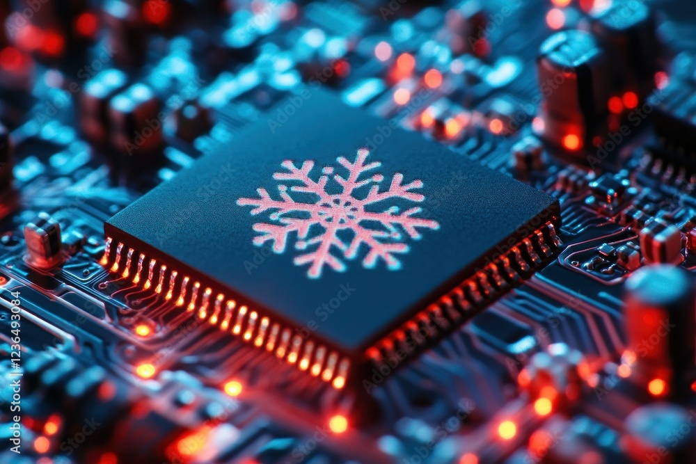 Poster microchip with snowflake symbol on circuit board, glowing red and blue lights, technology background