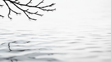 Fototapeta premium a black and white photo of a tree branch with water droplets on it, set against a white background The droplets are glistening in the light, reflecting off the sur