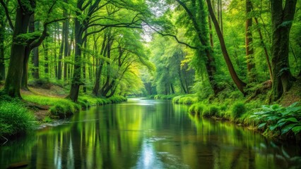 Fototapeta premium A tranquil stream winding through a dense, vibrant green forest with towering trees and lush vegetation surrounding its banks, serene, woodland