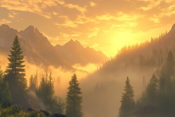 Obraz premium Golden Sunrise Mountain Landscape Foggy Valley Scenery