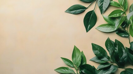 Lush Green Leaves on Beige Background