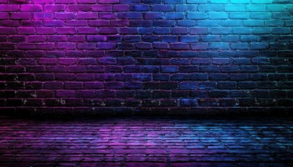 Fototapeta premium neon purple and blue graffiti wall with glowing light, textured brick surface, modern urban design, vibrant street art concept for background or advertising
