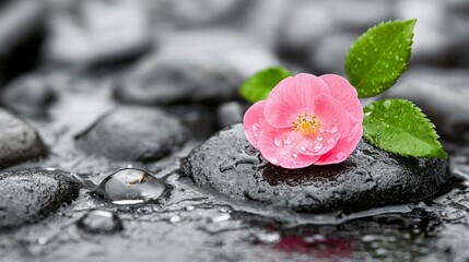  a pink flower sitting atop a rock in the water, surrounded by a few other rocks The background is blurred, giving the image a dreamy, ethereal feel