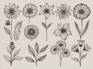 Botanical Line Art Collection: A set of meticulously drawn botanical illustrations showcases various flowers and leaves in a monochrome palette.