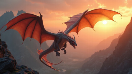 Fototapeta premium Majestic dragon in flight. Fantasy creature soaring over mountains at sunset. Epic mythical beast. Breathtaking digital art.