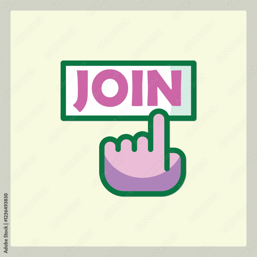 Poster click here to join us concept icon with hand pointer and the text join