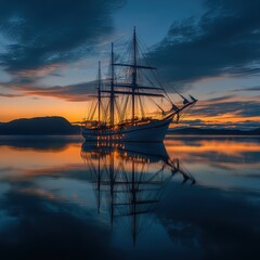 Majestic Tall Ship at Sunset Reflecting on Calm Water Surface