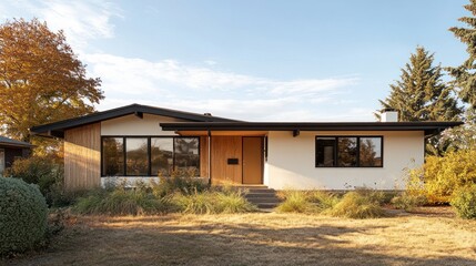 Modern ranch house autumn landscaping suburban neighborhood