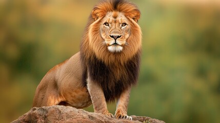 Fototapeta premium Majestic Lion with Thick Mane Stands Proudly in Natural Habitat