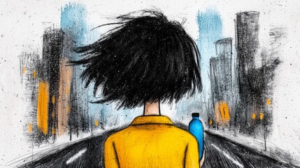  a woman walking down a city street with a bottle of water in her hand She is wearing a yellow dress and the background is filled with buildings