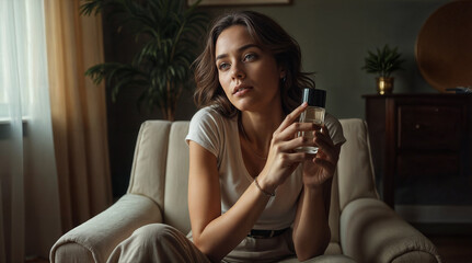 Woman holding perfume bottle. Young woman in armchair.  Relaxing at home.  Scented fragrance.