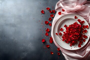 Elegant Red Rose Petals on White Plate with Silky Fabric Texture