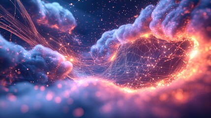 Glowing network in cloudscape, digital art, futuristic technology, abstract background, ideal for tech presentations