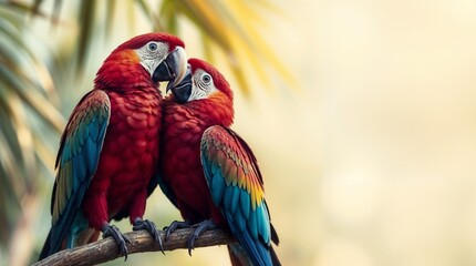 Naklejka premium Pair of vibrant macaws in love on branch. Loyalty, affection, Partnerships, Long-term relationships, Caring for a partner, Ornithology, zoo, wildlife, Biology, Nature conservation, Infographics,