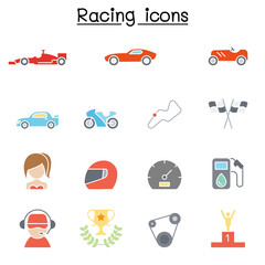 Racing icon set in flat color style